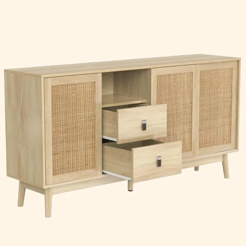 Buffet bois et rotin sur pieds 2 tiroirs 3 portes 155×38×80 cm