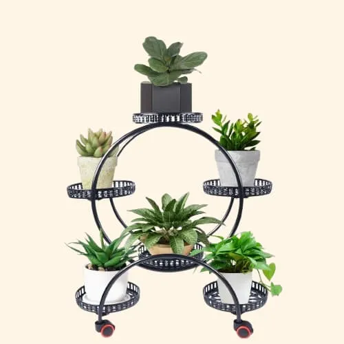 Etagère plantes circulaire 6 supports sur roulettes