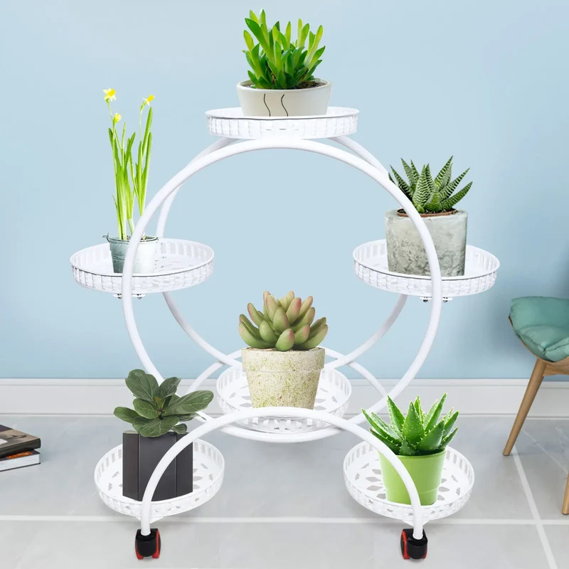 Etagère plantes circulaire 6 supports sur roulettes