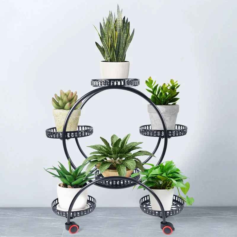 Etagère plantes circulaire 6 supports sur roulettes