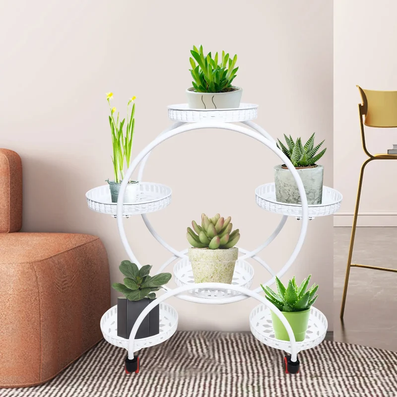 Etagère plantes circulaire 6 supports sur roulettes