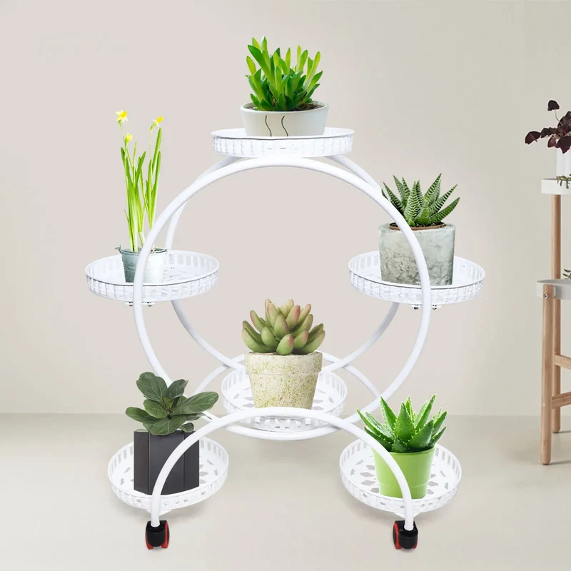 Etagère plantes circulaire 6 supports sur roulettes