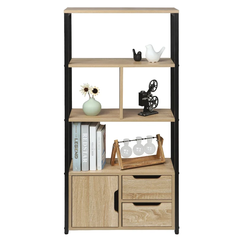 Meuble de rangement 3 niveaux et compartiment fermé en bois et métal
