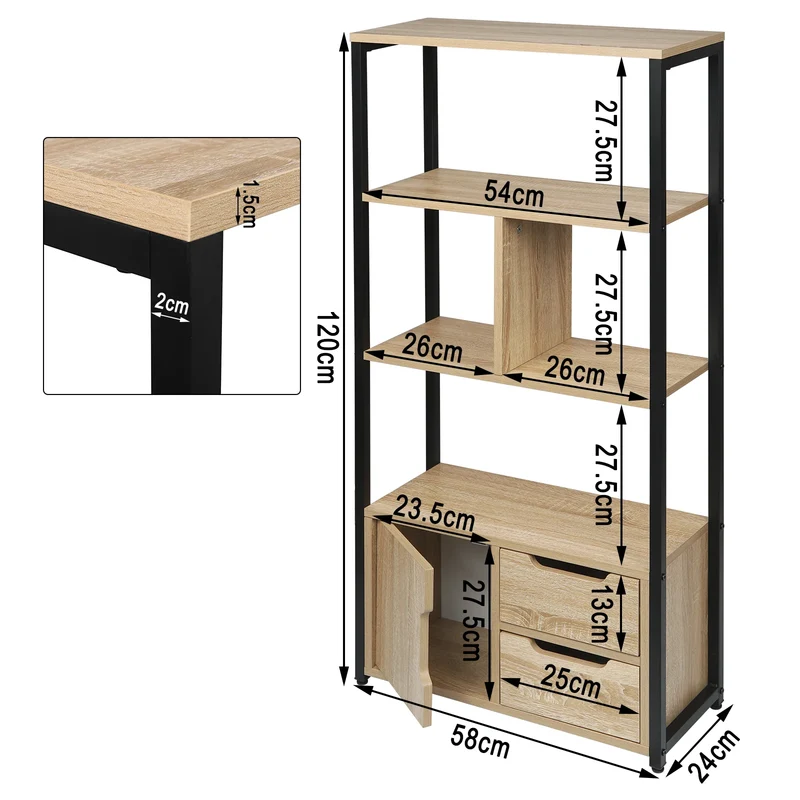 Meuble de rangement 3 niveaux et compartiment fermé en bois et métal