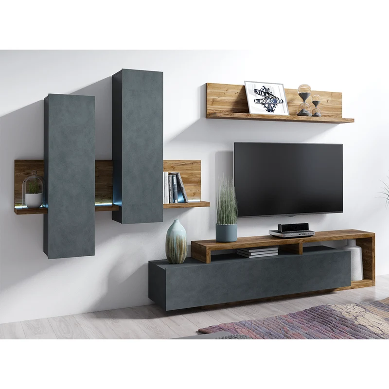 Étagère et armoire murale 150 cm Ilyes Gris et Bois