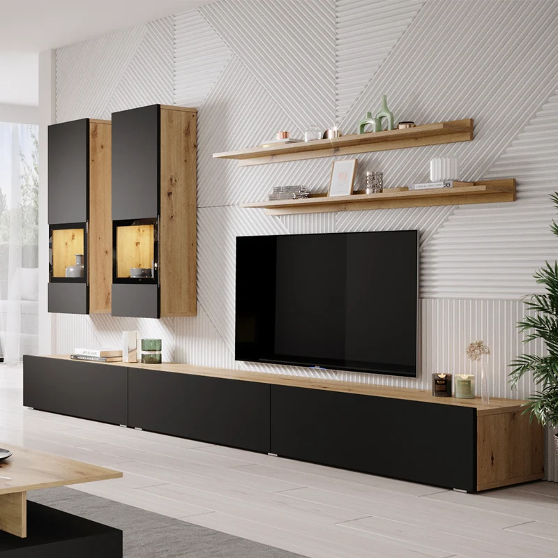 Mur TV 5 pièces avec LED Sloan Noir et Bois