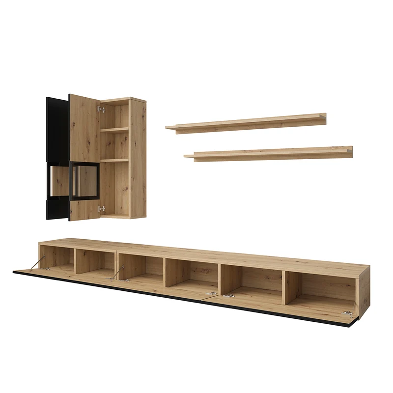 Mur TV 5 pièces avec LED Sloan Noir et Bois