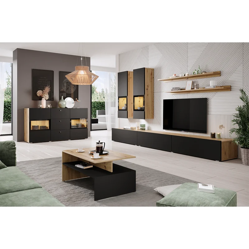 Mur TV 5 pièces avec LED Sloan Noir et Bois