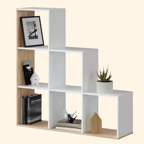 Etagère escalier bois 6 cases carrées blanche
