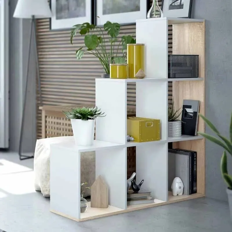 Etagère escalier bois 6 cases carrées blanche