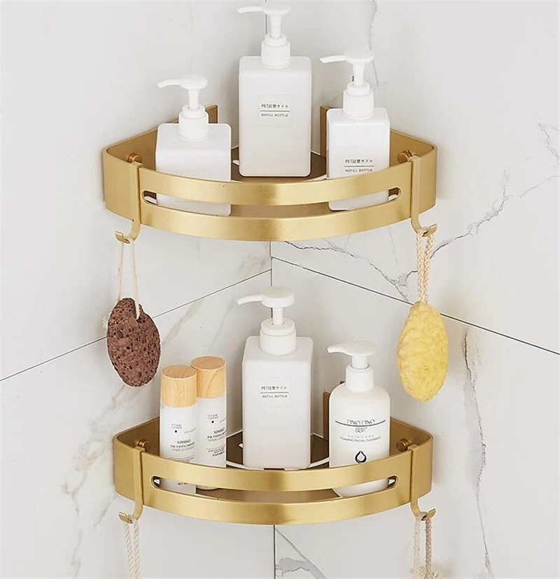 Etagère d'angle murale dorée pour salle de bain multi supports