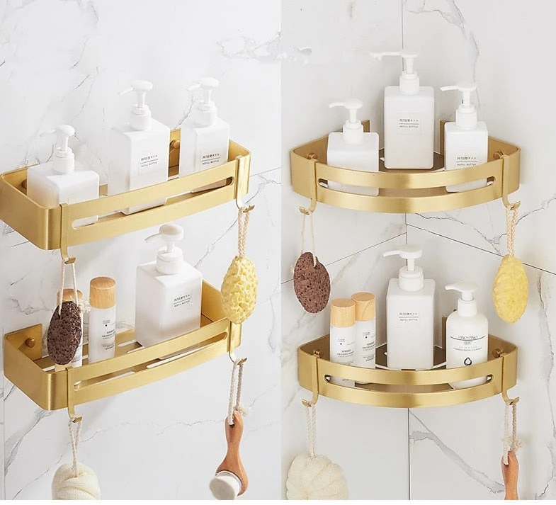 Etagère d'angle murale dorée pour salle de bain multi supports