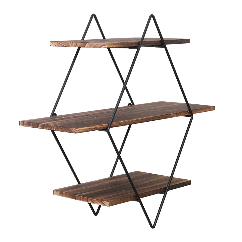 Etagère murale industrielle losange bois et métal noir