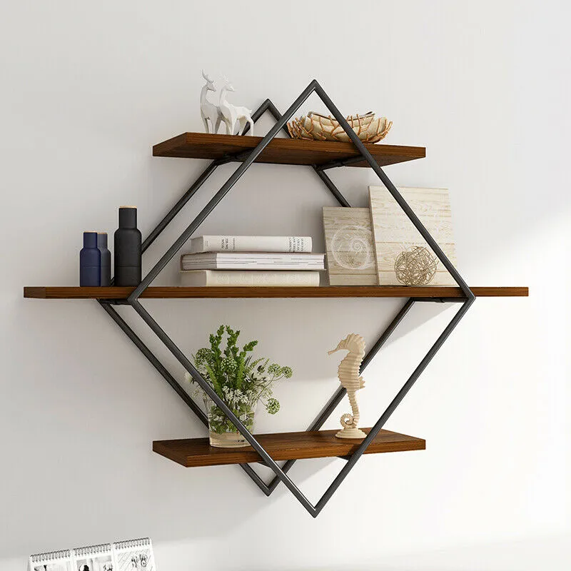 Etagère murale industrielle losange bois et métal noir