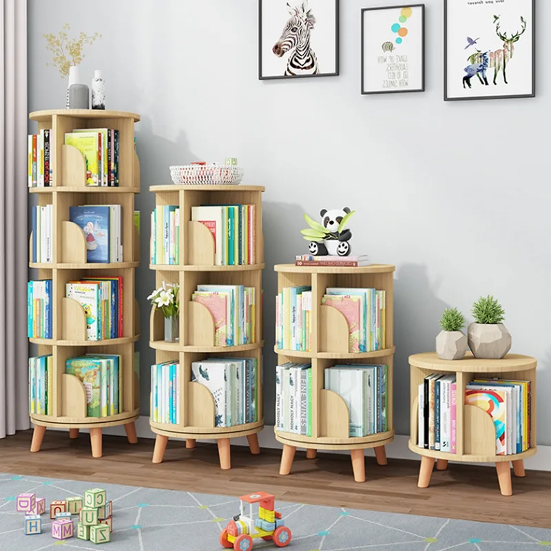 Bibliothèque rotative ronde en bois sur pieds