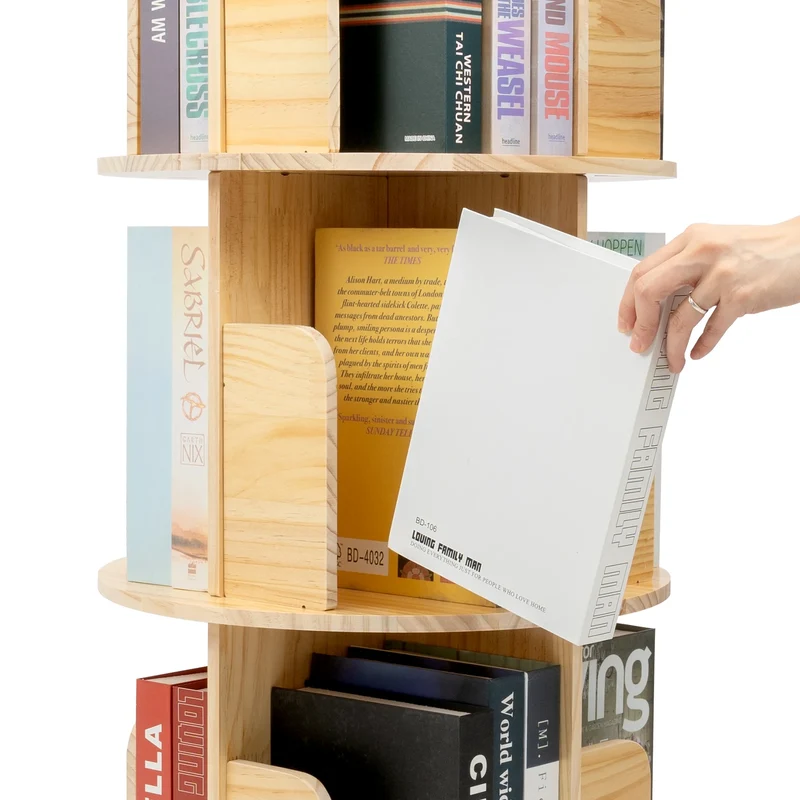 Bibliothèque rotative ronde en bois sur pieds