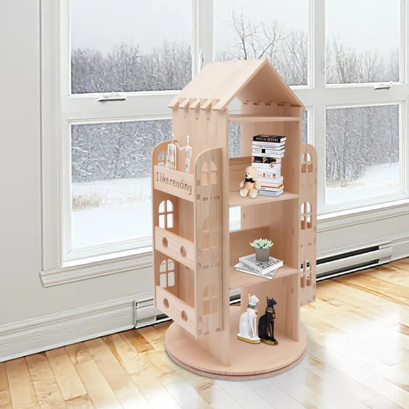 Bibliothèque rotative enfant en bois en forme de maison