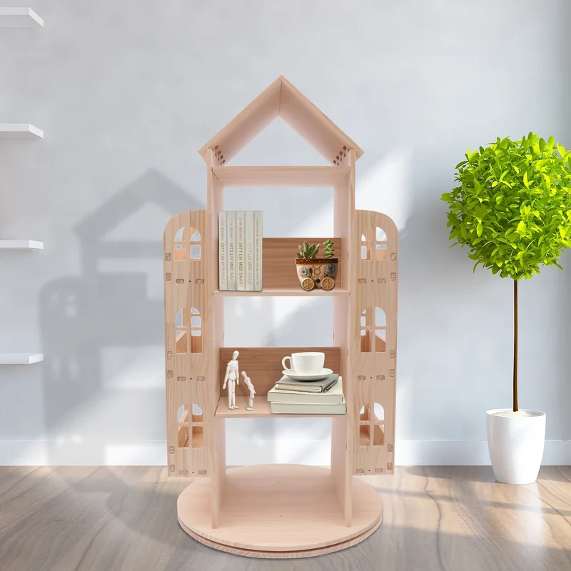 Bibliothèque rotative enfant en bois en forme de maison