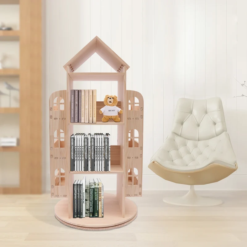 Bibliothèque rotative enfant en bois en forme de maison