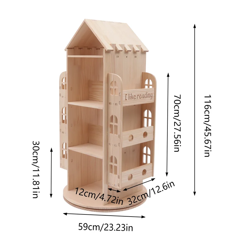 Bibliothèque rotative enfant en bois en forme de maison