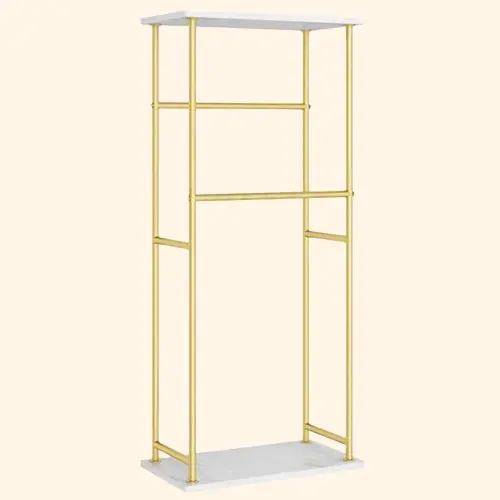 Porte serviette sur pieds en métal doré avec étagère