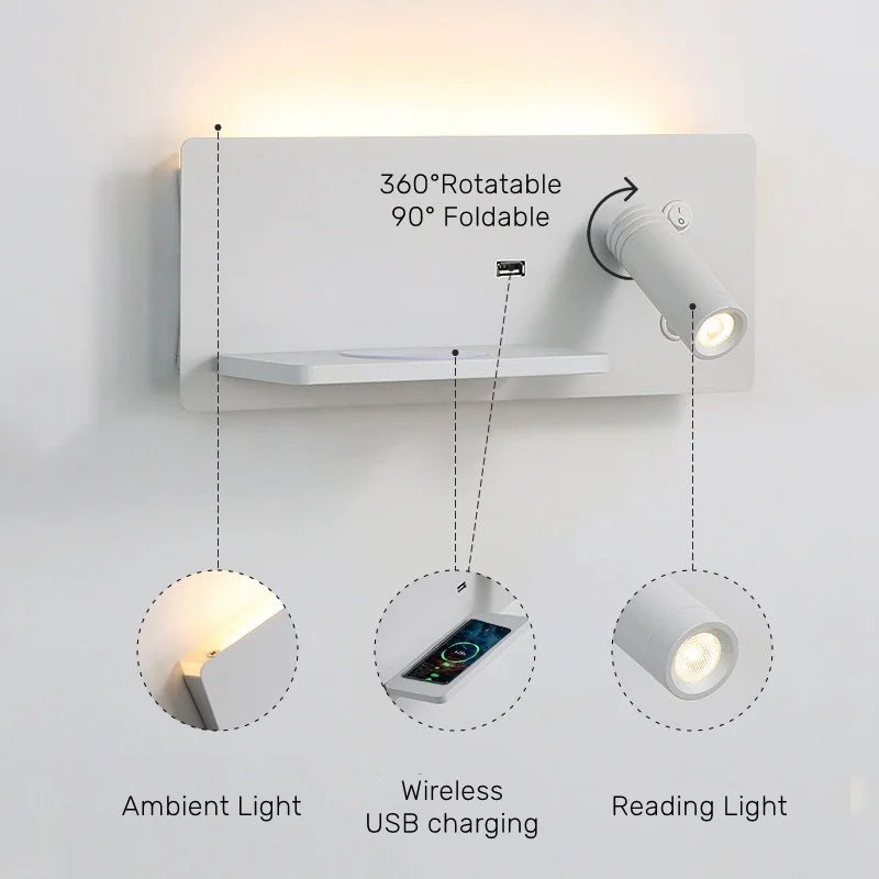 Etagere chevet murale avec spot led intégré