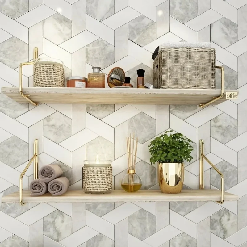 Etagère murale scandinave bois clair et métal doré