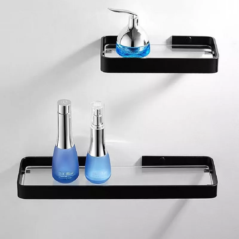 Etagère murale pour salle de bain en verre et métal noir