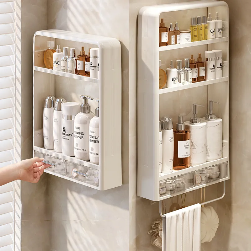 Etagère murale salle de bain sans percer multi-niveaux blanche