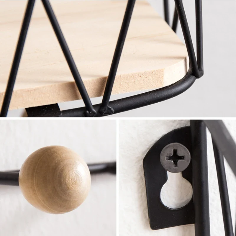 Etagère murale design nordique en fer pour entrée avec portant en bois