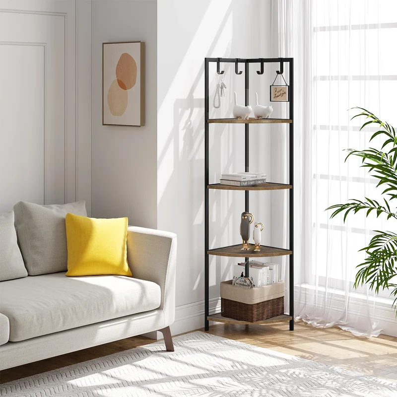 Etagère d'angle scandinave 4 niveaux avec crochets accessoires