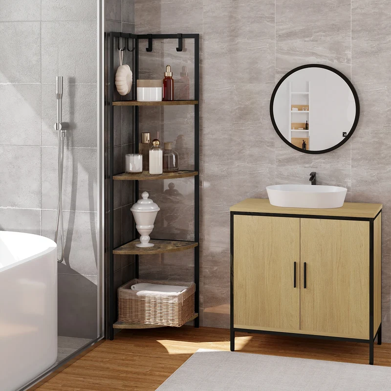 Etagère d'angle scandinave 4 niveaux avec crochets accessoires