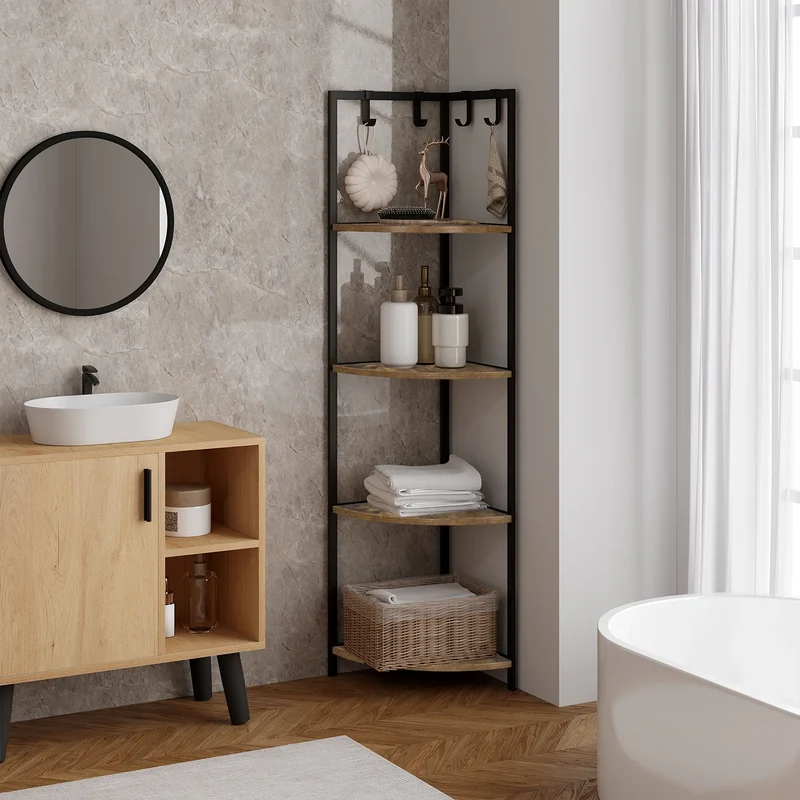 Etagère d'angle scandinave 4 niveaux avec crochets accessoires