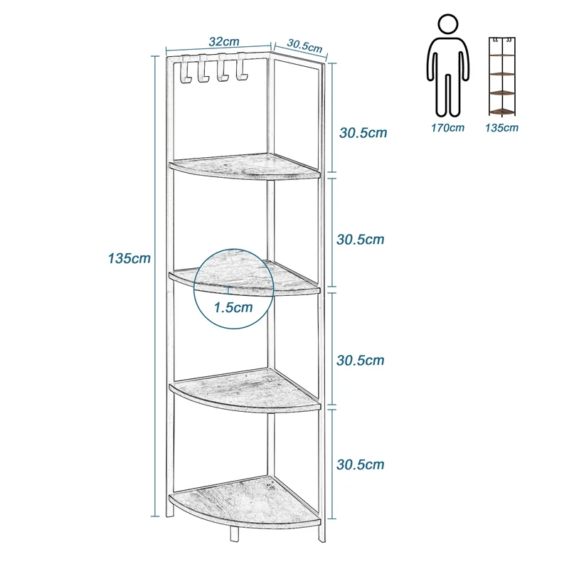 Etagère d'angle scandinave 4 niveaux avec crochets accessoires
