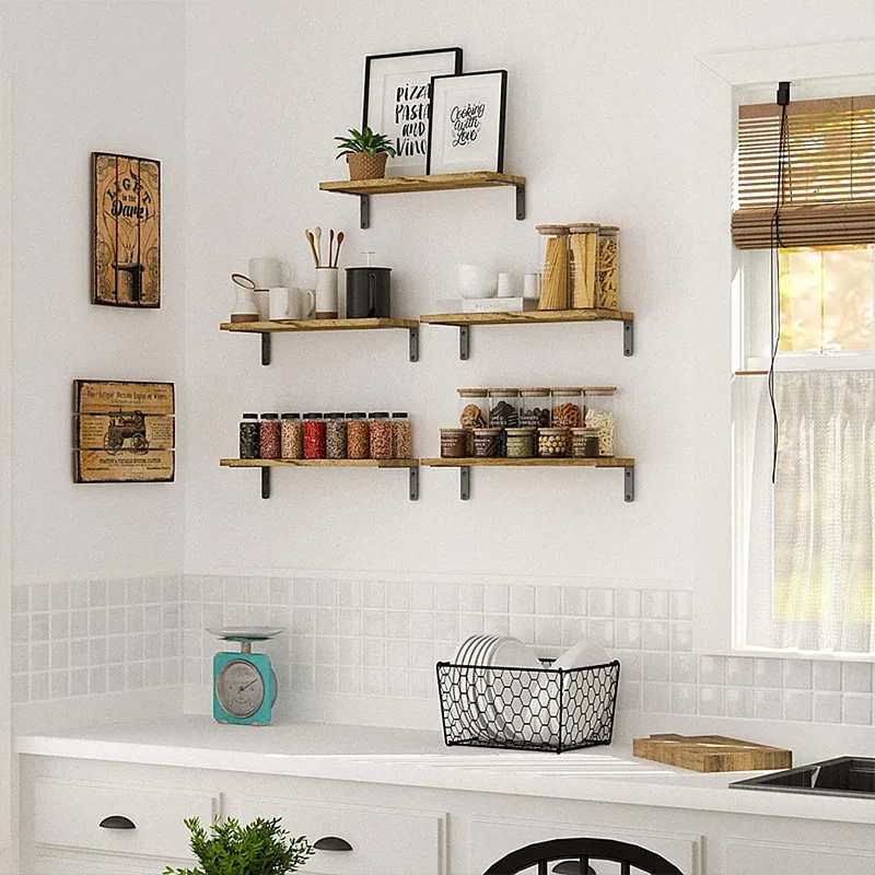 Etagère murale industrielle en bois et métal noir (lot de 4)