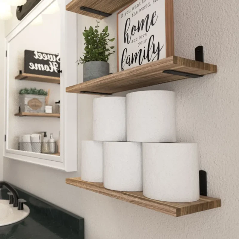 Etagère murale industrielle en bois et métal noir (lot de 4)