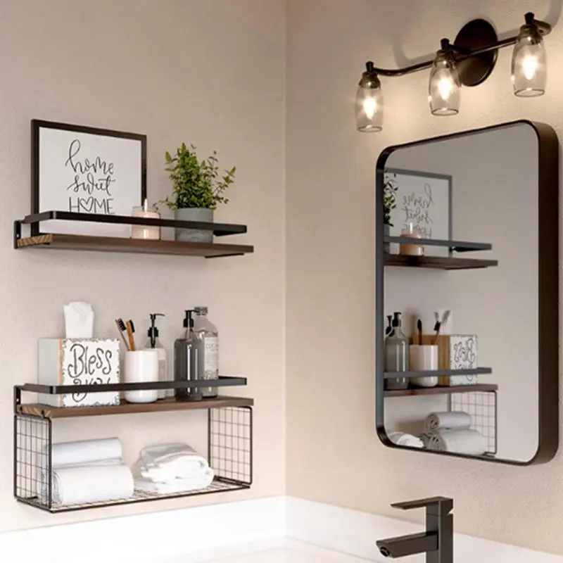 Etagère murale flottante en bois et noir avec rebord