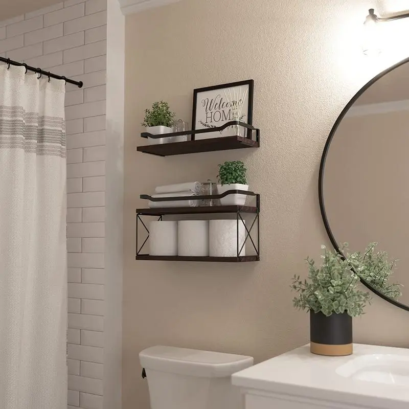 Etagère murale flottante en bois et noir avec rebord