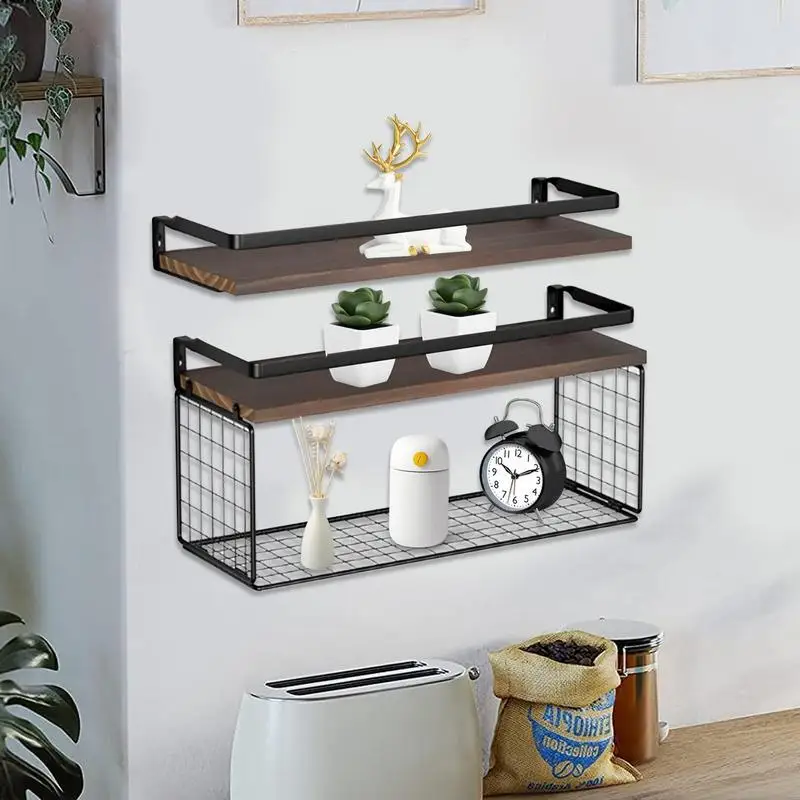 Etagère murale flottante en bois et noir avec rebord