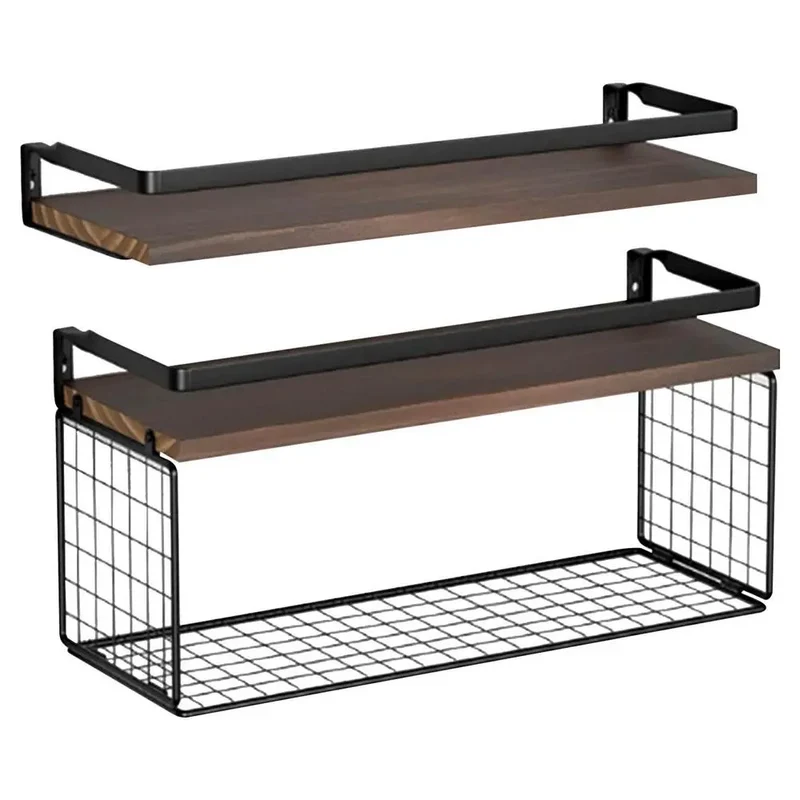 Etagère murale flottante en bois et noir avec rebord