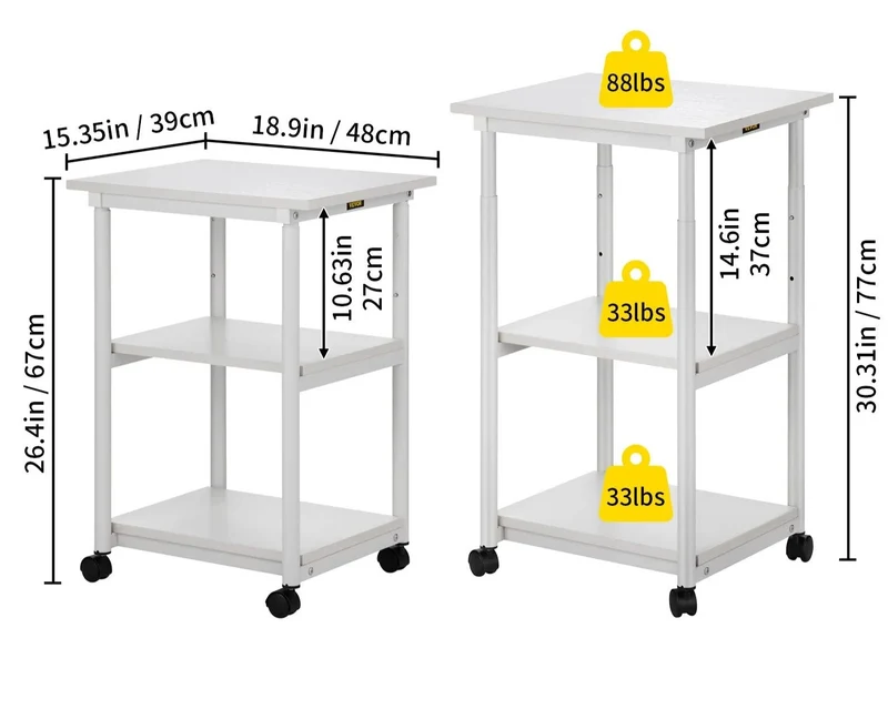 Etagère métallique blanche sur roulettes 3 niveaux