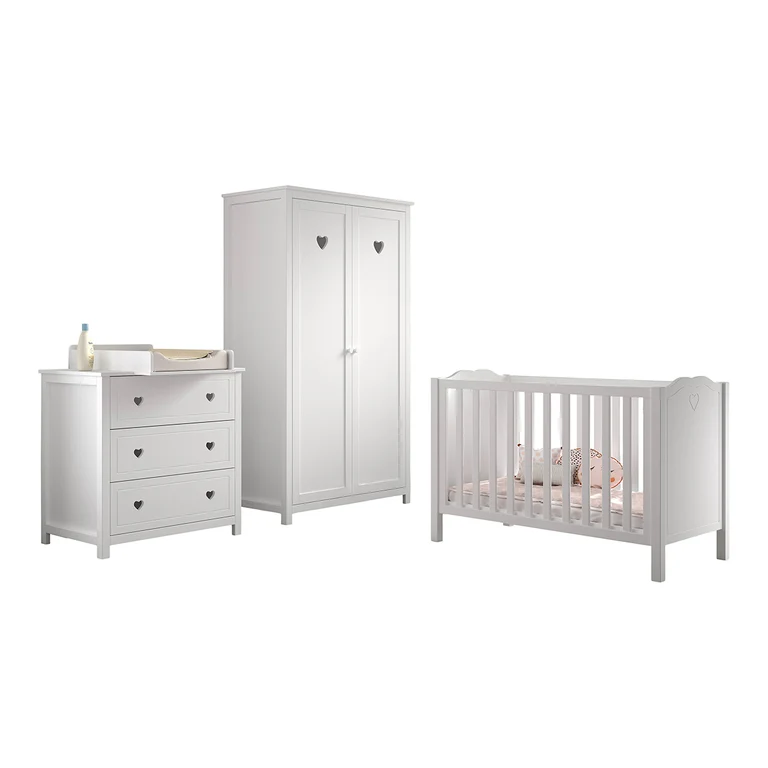 Chambre complète lit bébé 60x120 commode à langer et armoire 2 portes Vipack Amori Blanc