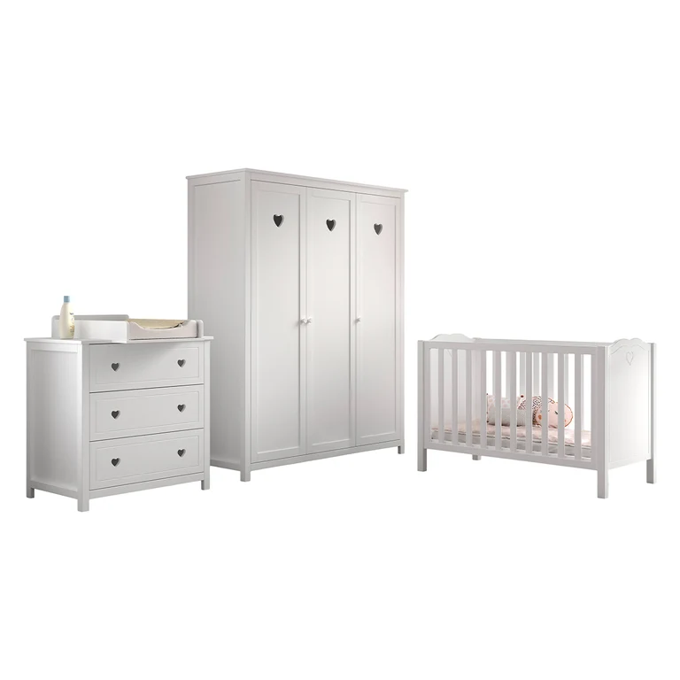 Chambre complète lit bébé 60x120 commode à langer et armoire 3 portes Vipack Amori Blanc