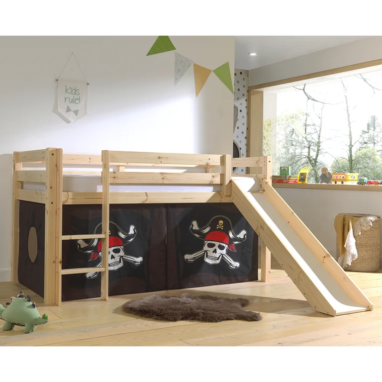 Lit Mi-Hauteur 90x200 Toboggan sommier inclus housse Pirate Vipack Pino Bois