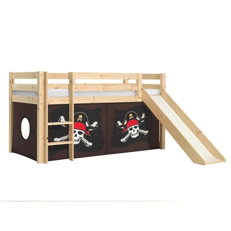 Lit Mi-Hauteur 90x200 Toboggan sommier inclus housse Pirate Vipack Pino Bois