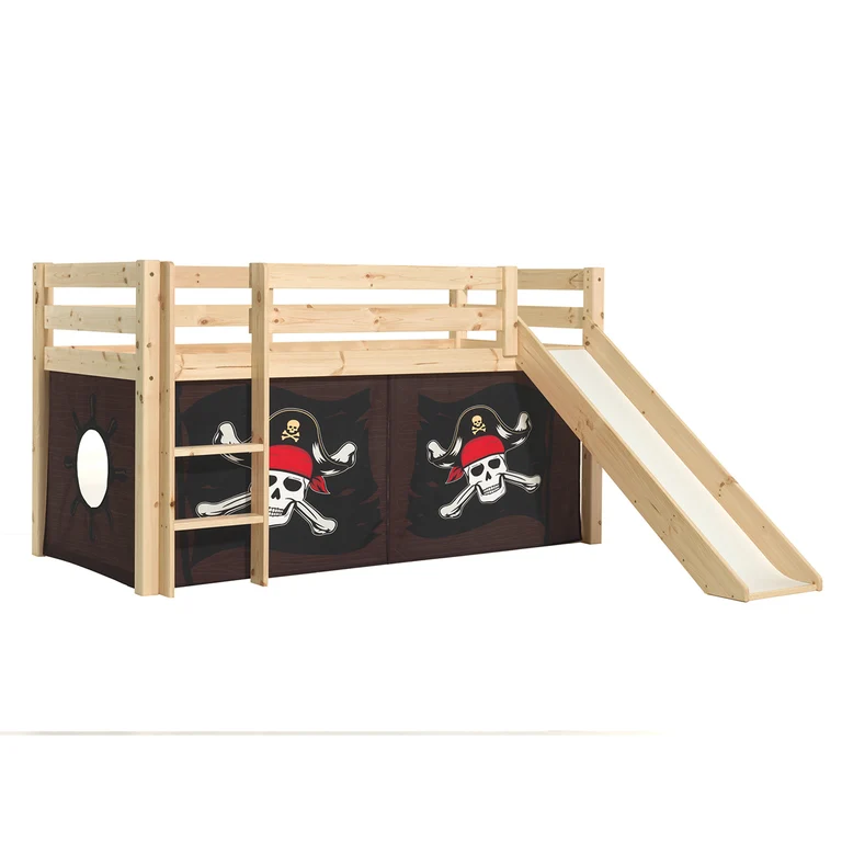 Lit Mi-Hauteur 90x200 Toboggan sommier inclus housse Pirate Vipack Pino Bois