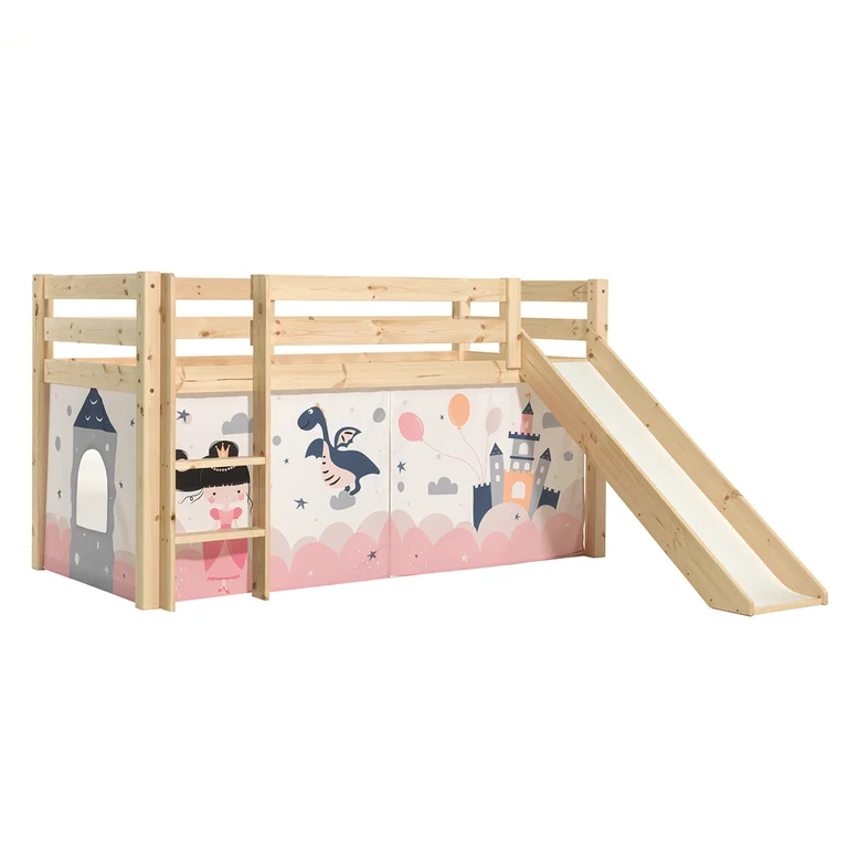 Lit Mi-Hauteur 90x200 Toboggan sommier inclus housse Fairy Vipack Pino Bois