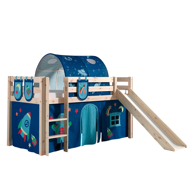 Lit Mi-Hauteur 90x200 avec Toboggan Sommier Inclus et Housse Astro Vipack Pino - Bois