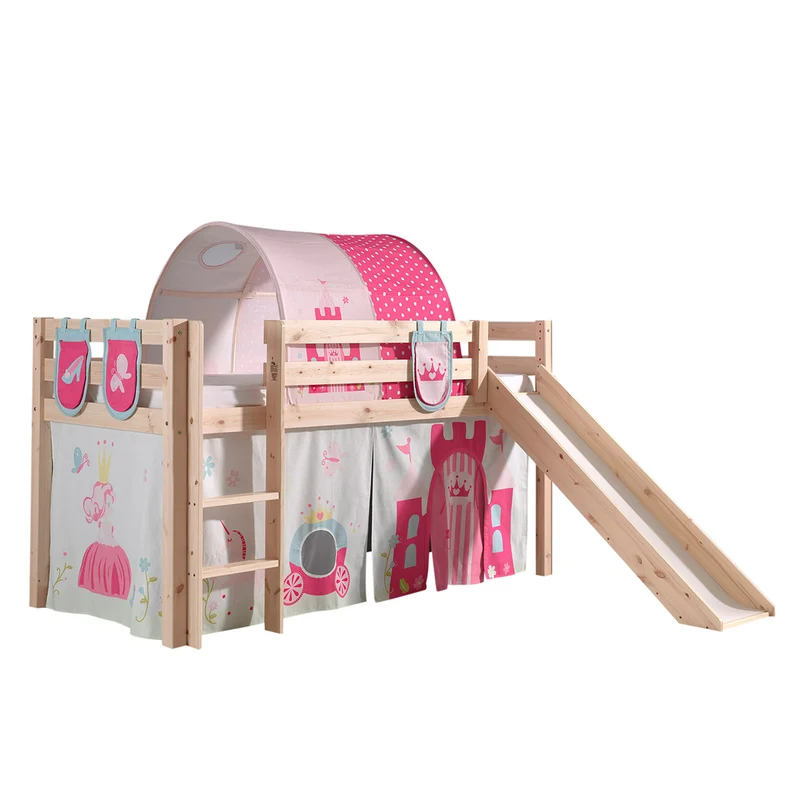 Lit Mi-Hauteur 90x200 avec Toboggan Sommier Inclus et Housse Princesse Vipack Pino - Bois
