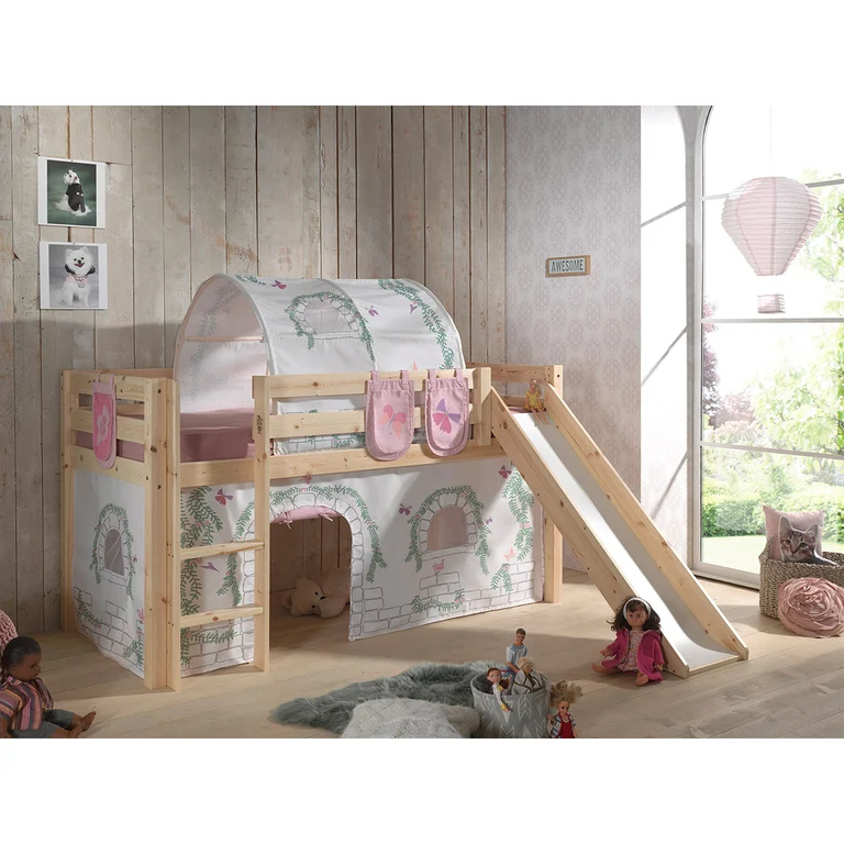 Lit Mi-Hauteur 90x200 avec Toboggan Sommier Inclus et Housse Birdy Vipack Pino - Bois